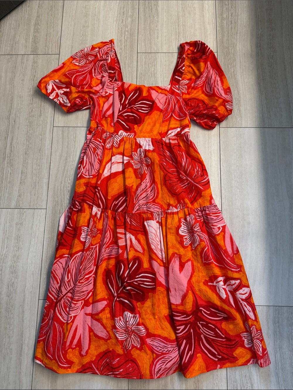 Tropical Floral Puff Sleeve Midi Dress in Red, Pink & Orange xl